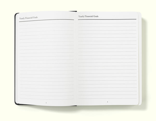 yearly financial goals pages of black financial planner and budgeting book in a5 on a blank background