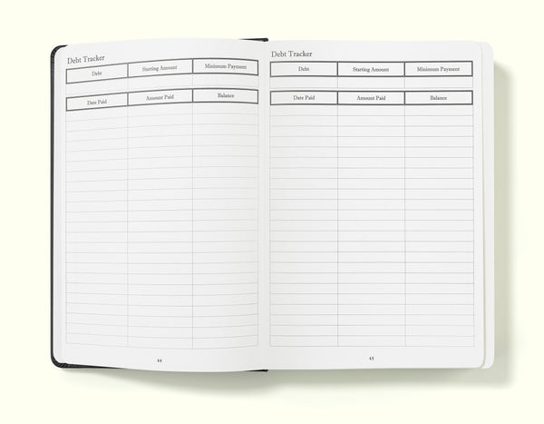 debt tracker of black financial planner and budgeting book in a5 on a blank background