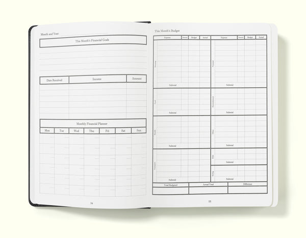 monthly budget pages of black financial planner and budgeting book in a5 on a blank background