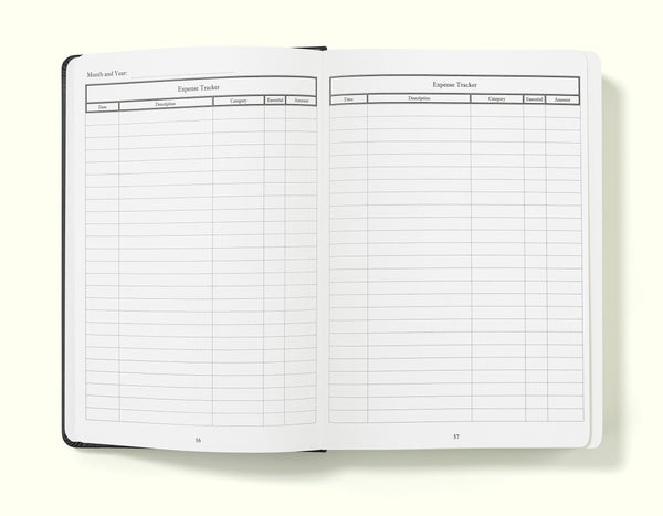 expenses tracker of black financial planner and budgeting book in a5 on a blank background