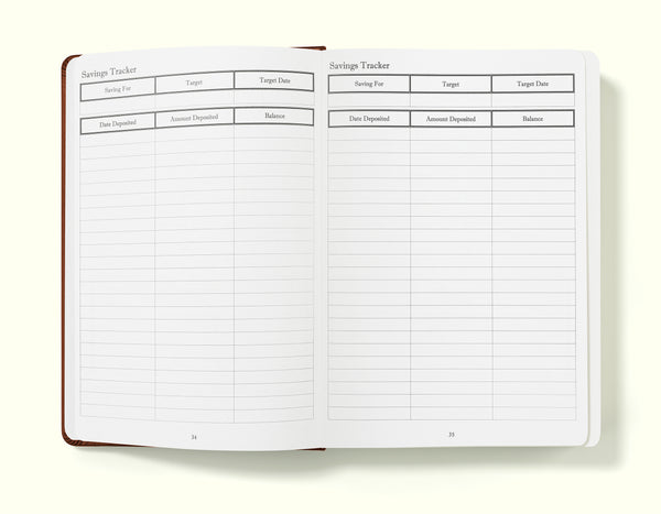 savings tracker of brown financial planner and budgeting book in a5 on a blank background
