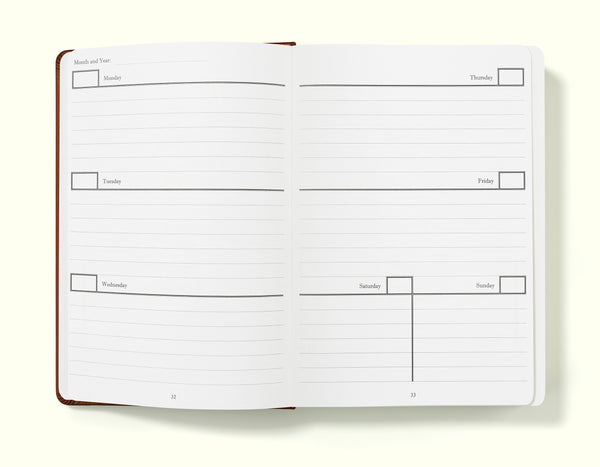 weekly planner of brown weekly planner in a5 on a blank background
