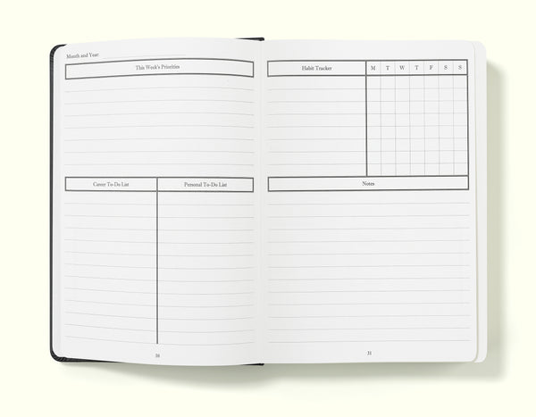 weekly priorities, to-do lists and habit tracker of black weekly planner in a5 on a blank background