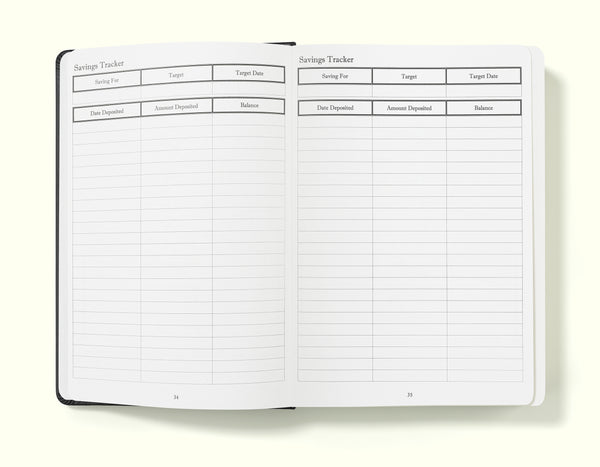 savings tracker of black financial planner and budgeting book in a5 on a blank background