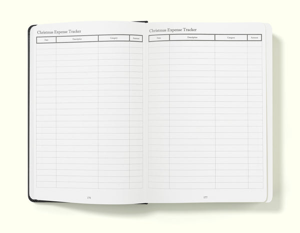 christmas expenses tracker of black financial planner and budgeting book in a5 on a blank background