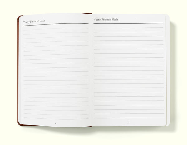 yearly financial goals pages of brown financial planner and budgeting book in a5 on a blank background