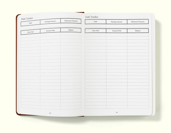 debt tracker of brown financial planner and budgeting book in a5 on a blank background