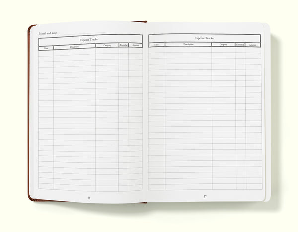 expense tracker of brown financial planner and budgeting book in a5 on a blank background