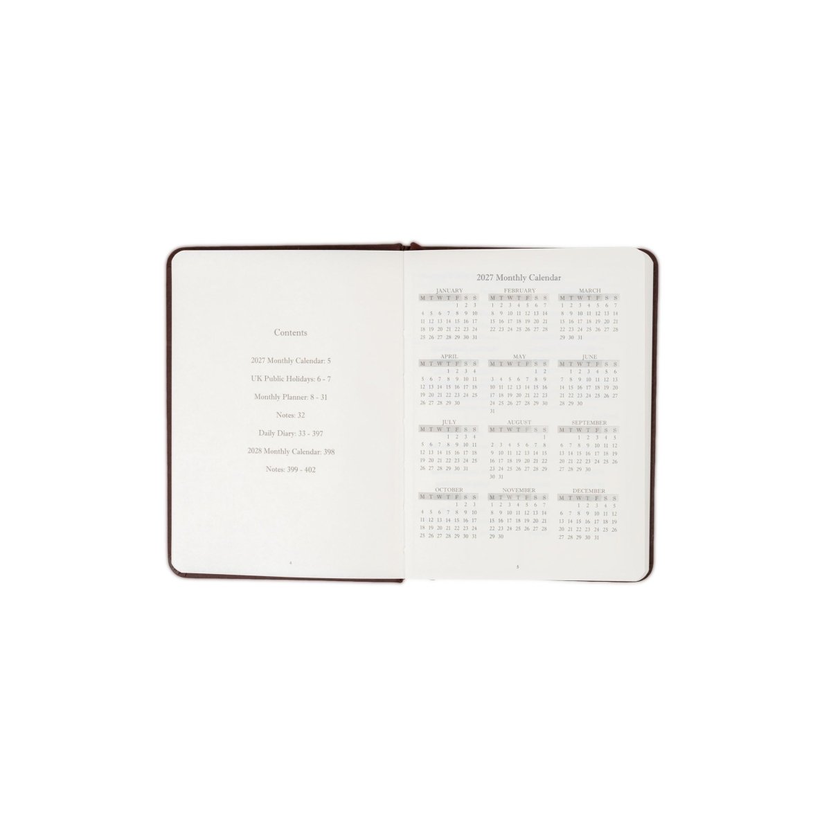 Executive journal open to contents page and 2027 monthly calendar