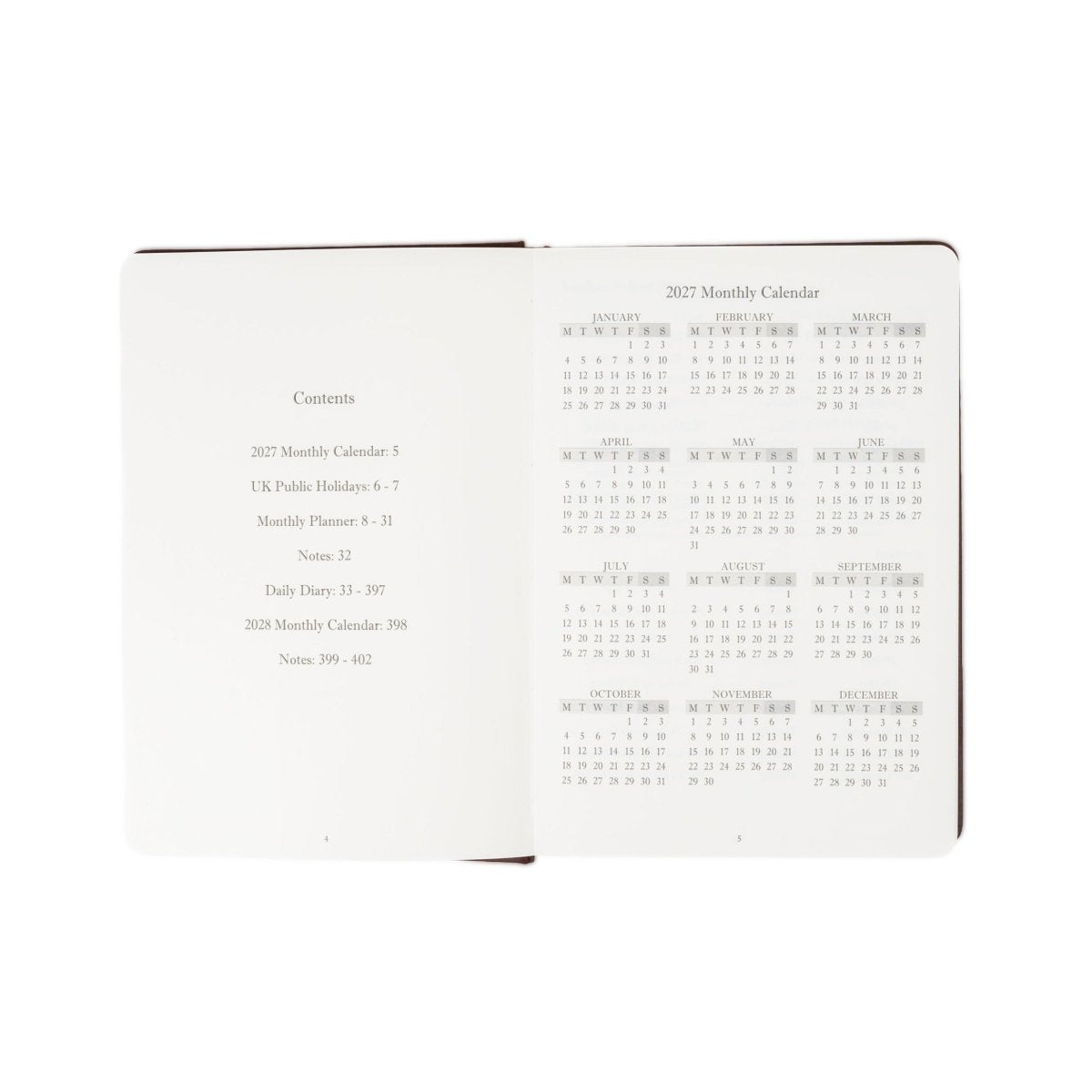 2027 planner journal open, showing contents page and monthly calendar grids