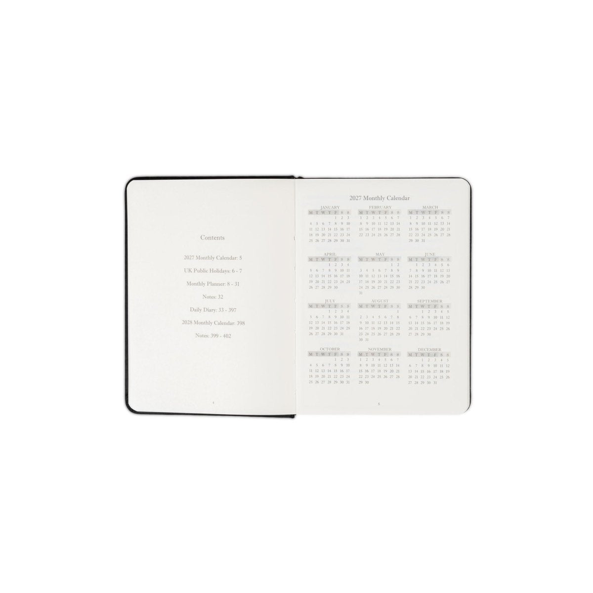 Planner interior open spread with contents list and monthly calendar grid