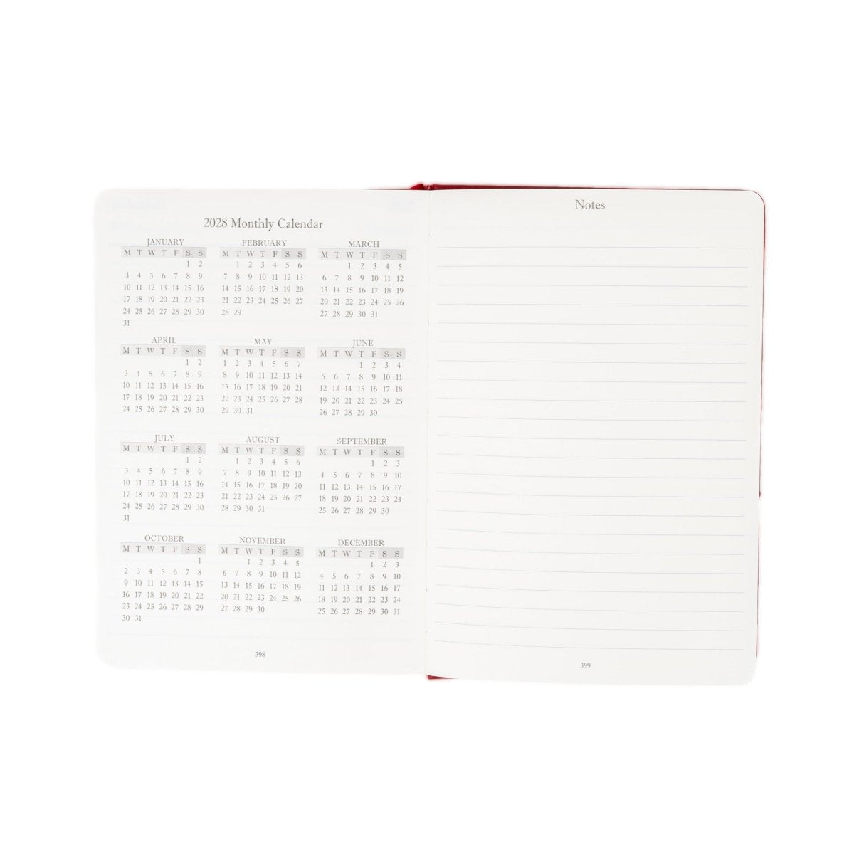 Open 2027 calendar journal with “Notes” heading and lined writing space on right