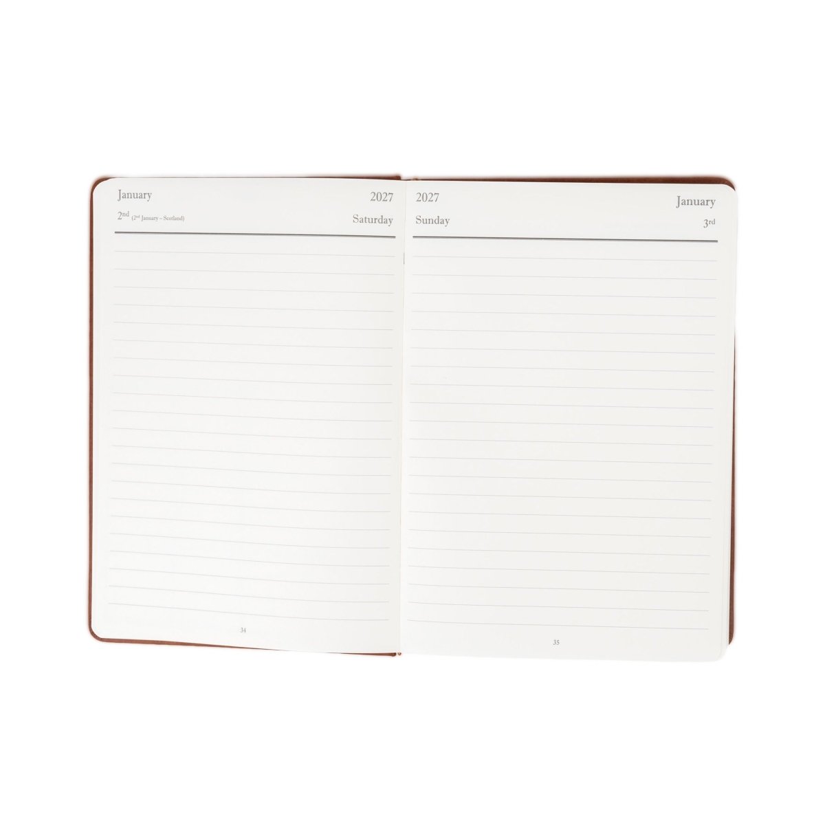 Brown-trimmed 2027 executive journal open to lined weekly planning pages, January.