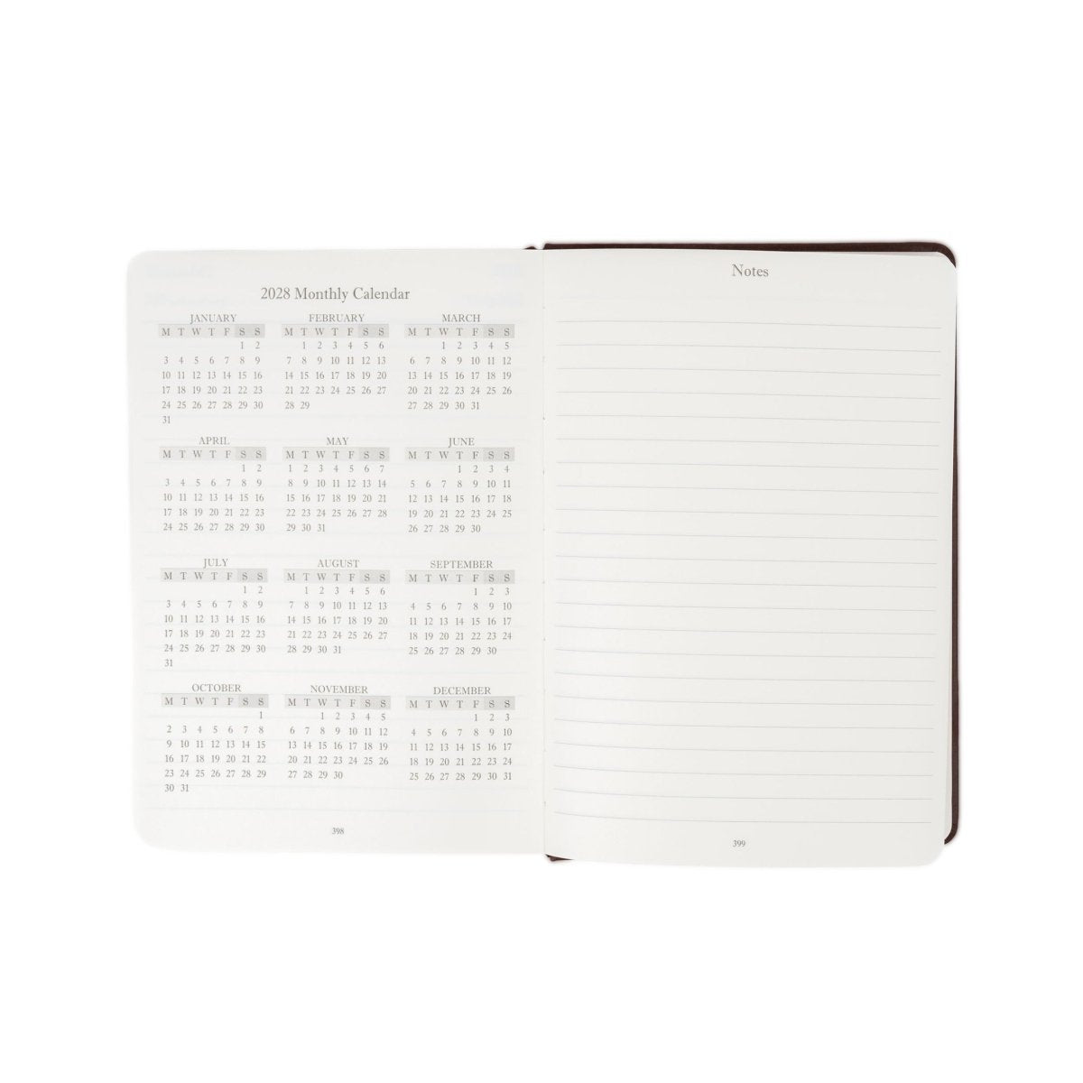 Open 2027 planner with monthly calendar grid on left and lined notes page on right