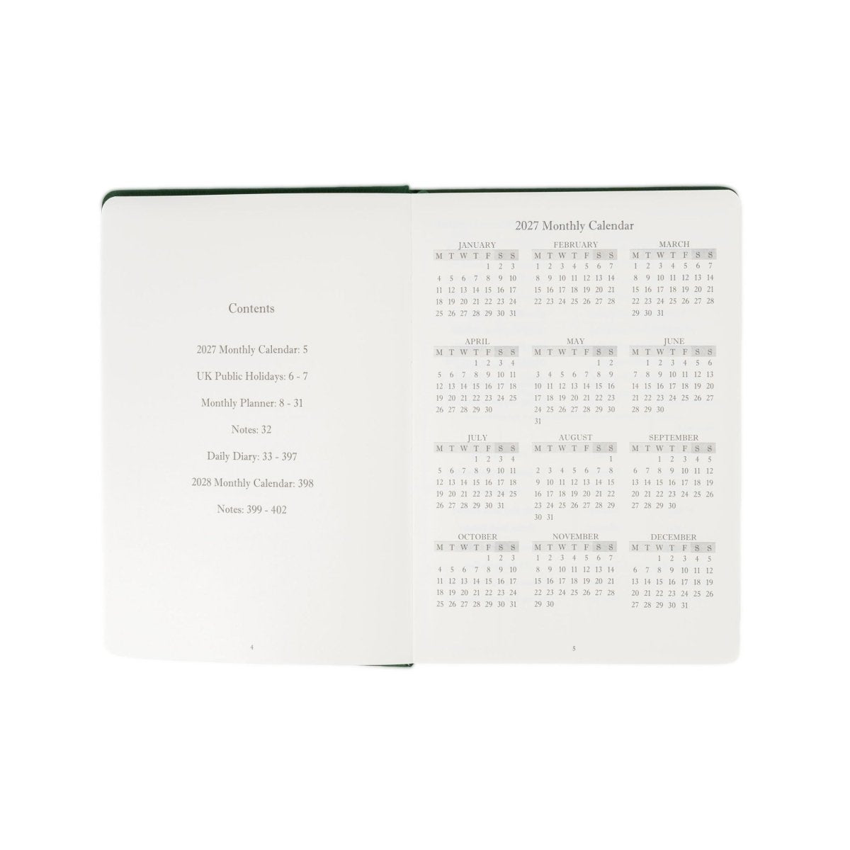 Open 2027 monthly calendar journal showing contents page and date grid layout