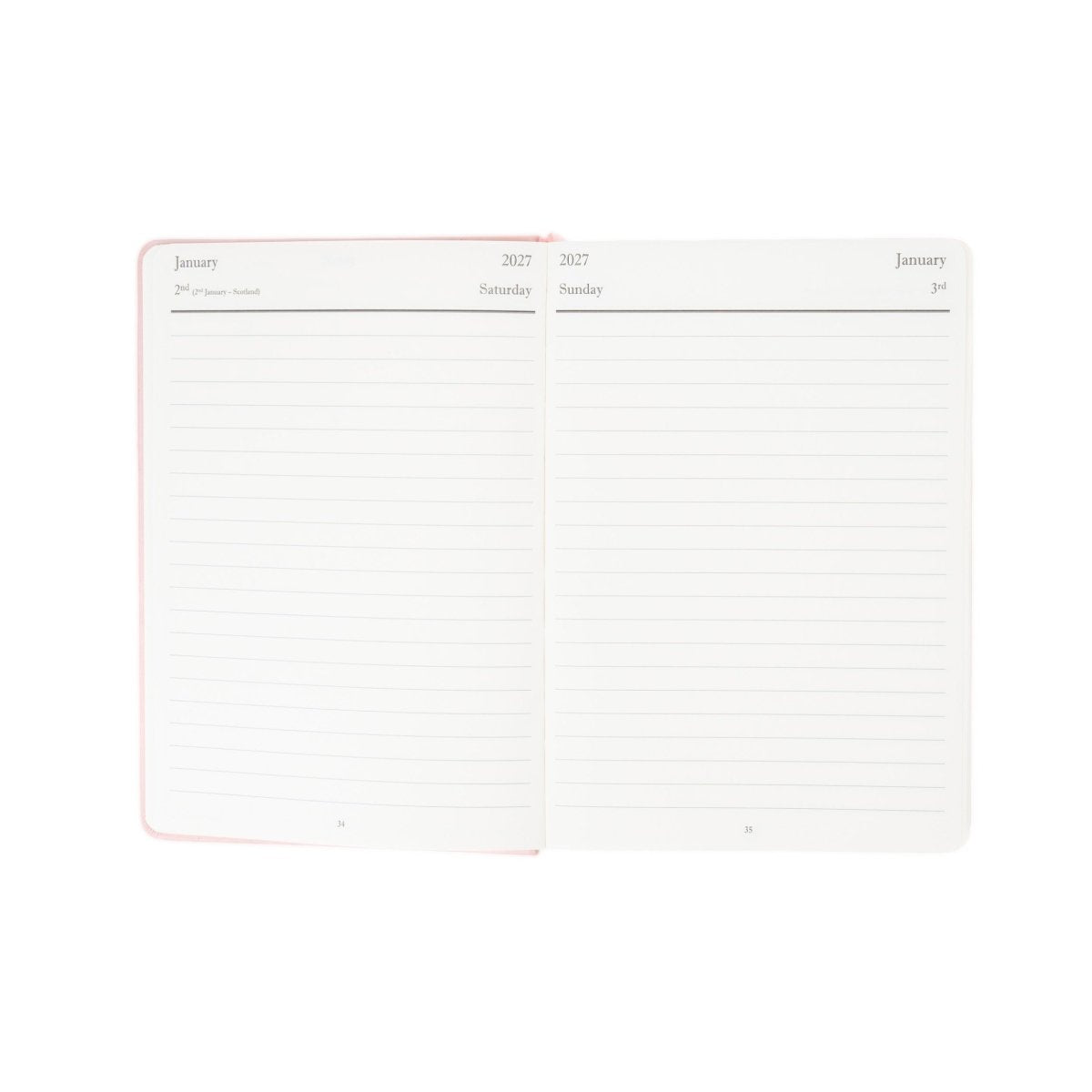 Planner interior open spread with two monthly calendar pages and grid lines