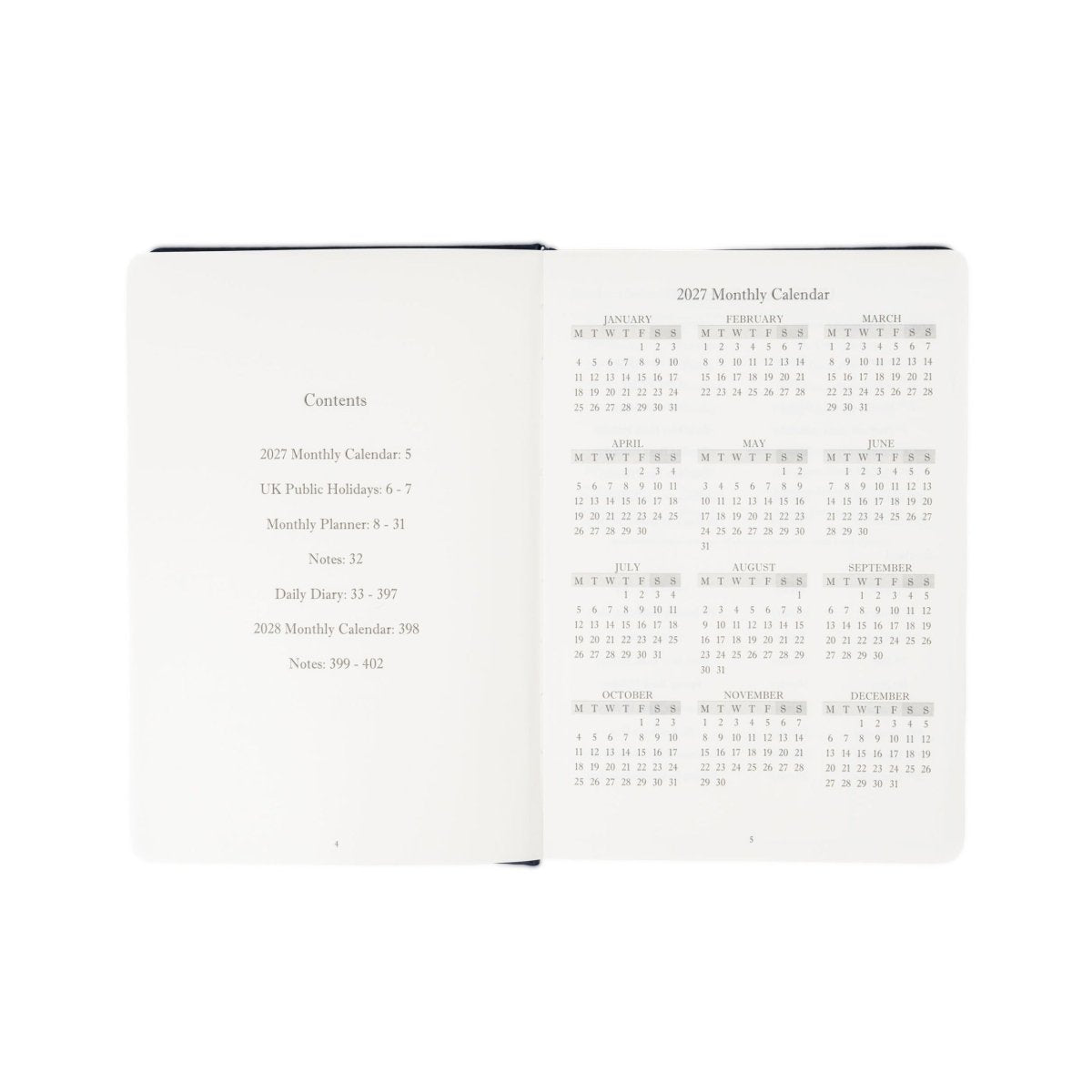 Planner interior open spread with contents list and 2027 monthly calendar grid