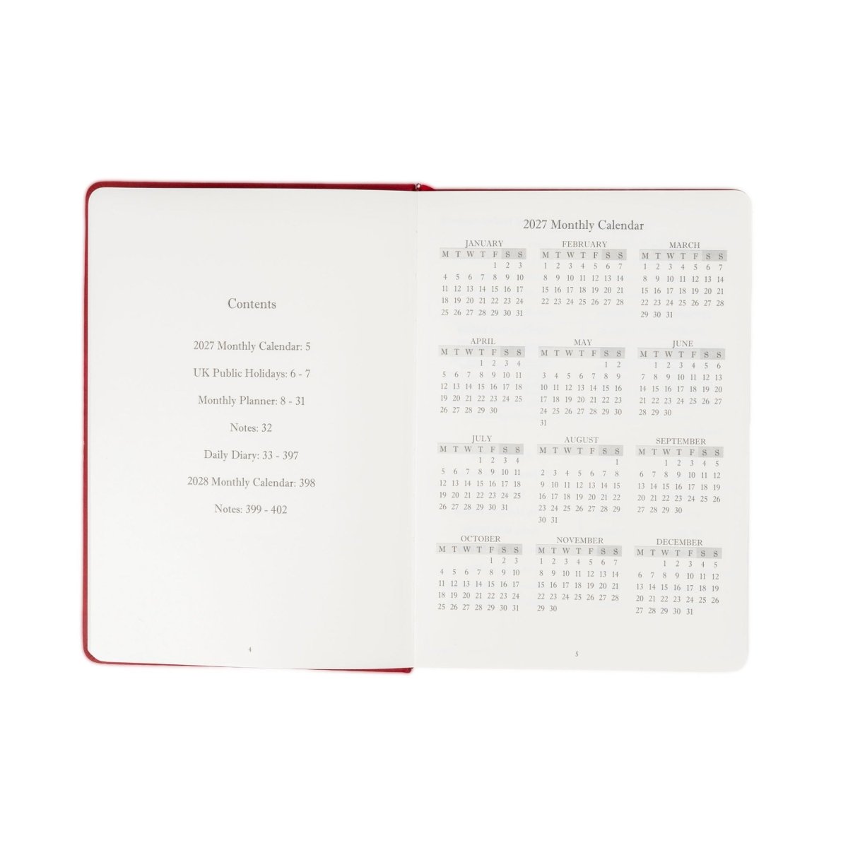 Open 2027 monthly calendar journal with contents list and date grid spread