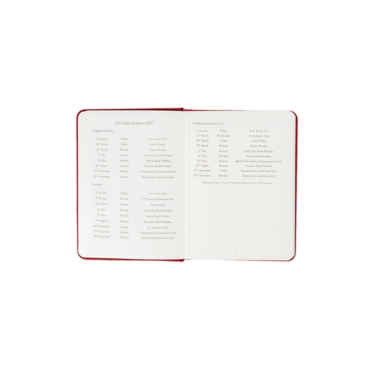 Executive journal open to contents list pages with notes section