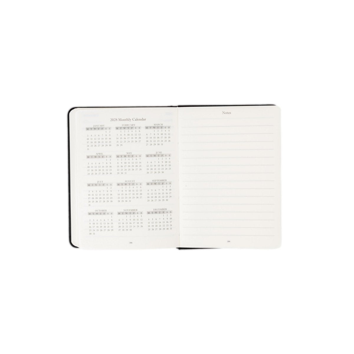 Planner interior open spread with contents and 2027 monthly calendar grid