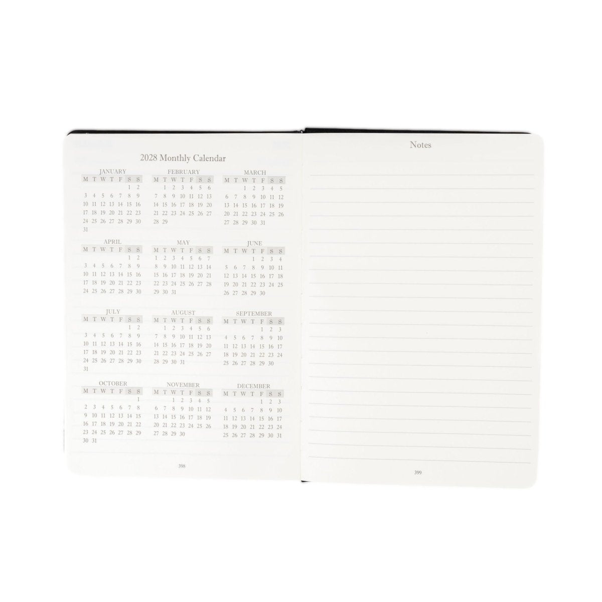 Planner interior open spread with 2027 monthly calendar grid and lined pages