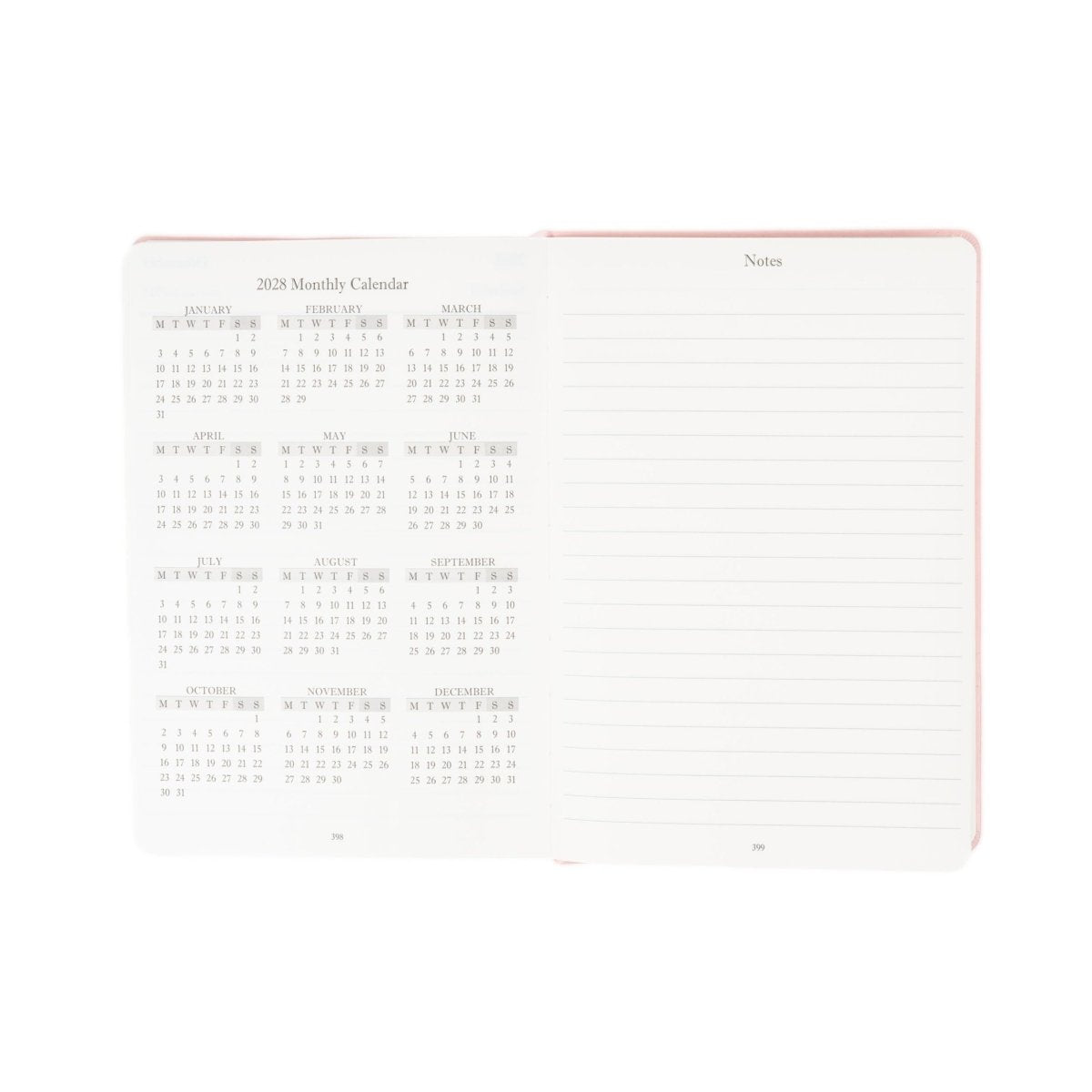 2027 planner journal open, showing monthly calendar and blank notes lines