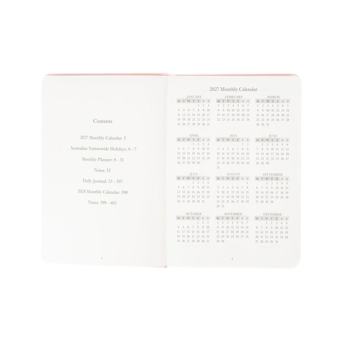 Open journal pages showing contents list on the left and monthly calendar grid