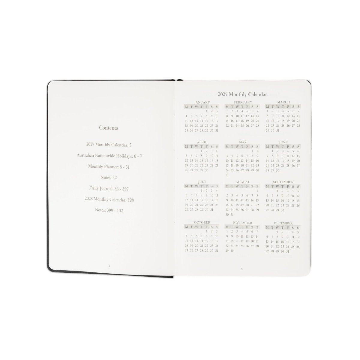 Open 2027 monthly calendar spread with contents list and date grids