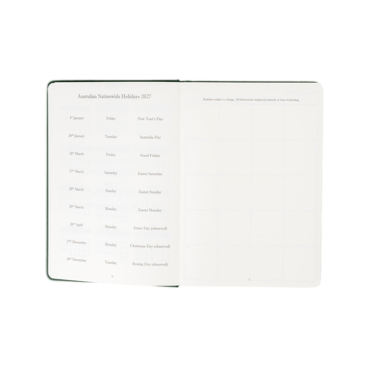 2027 journal open to a page listing Australian national holidays and dates