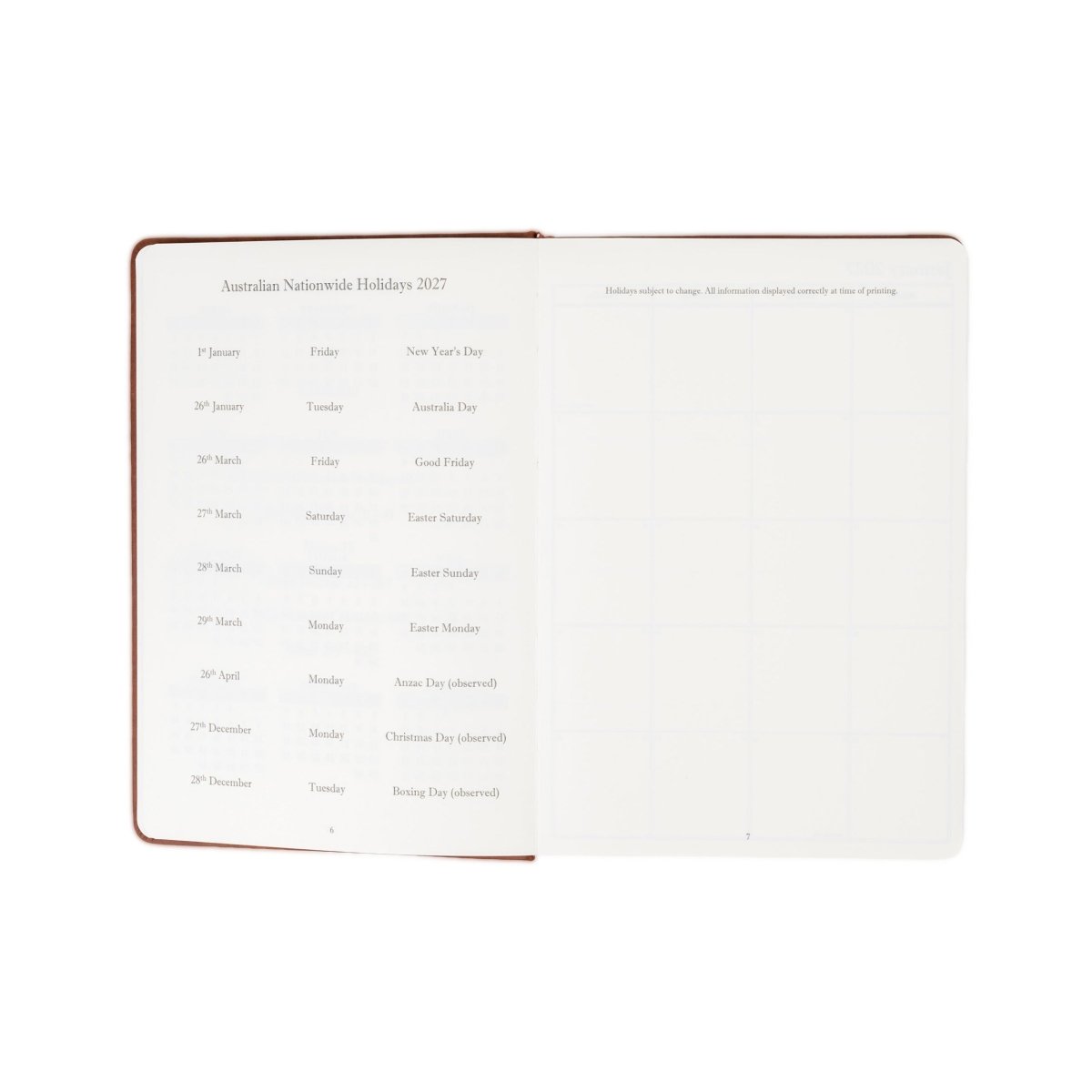 Open journal page with “Australian Nationwide Holidays 2027” list and ruled space