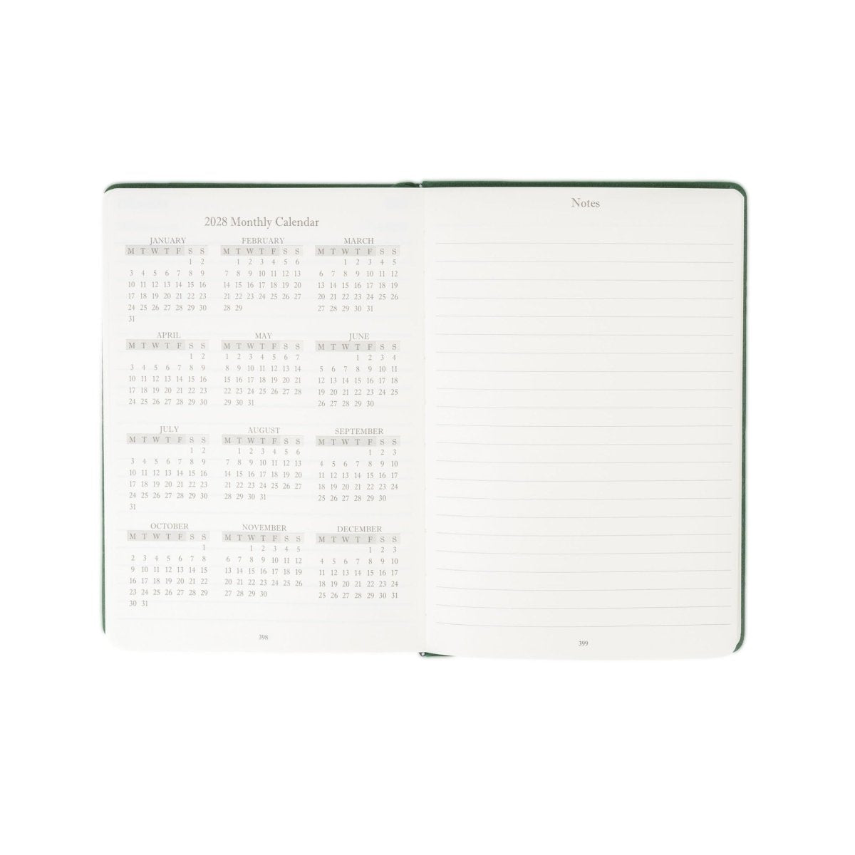 2027 journal open to monthly calendar grid and 'Notes' writing page