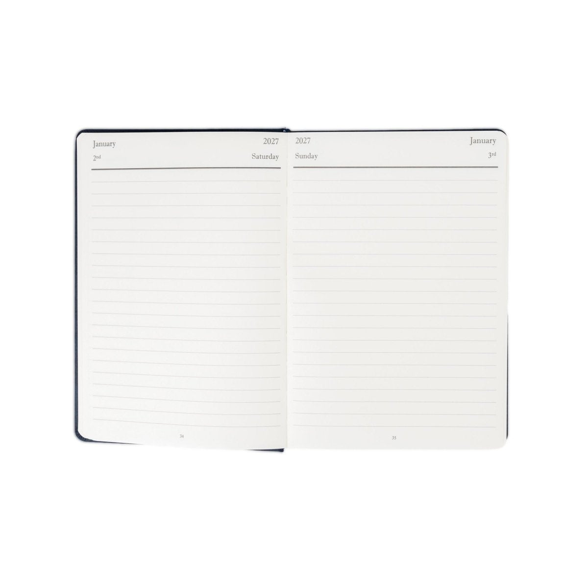 2027 weekly planner journal open to January calendar pages with ruled schedule lines