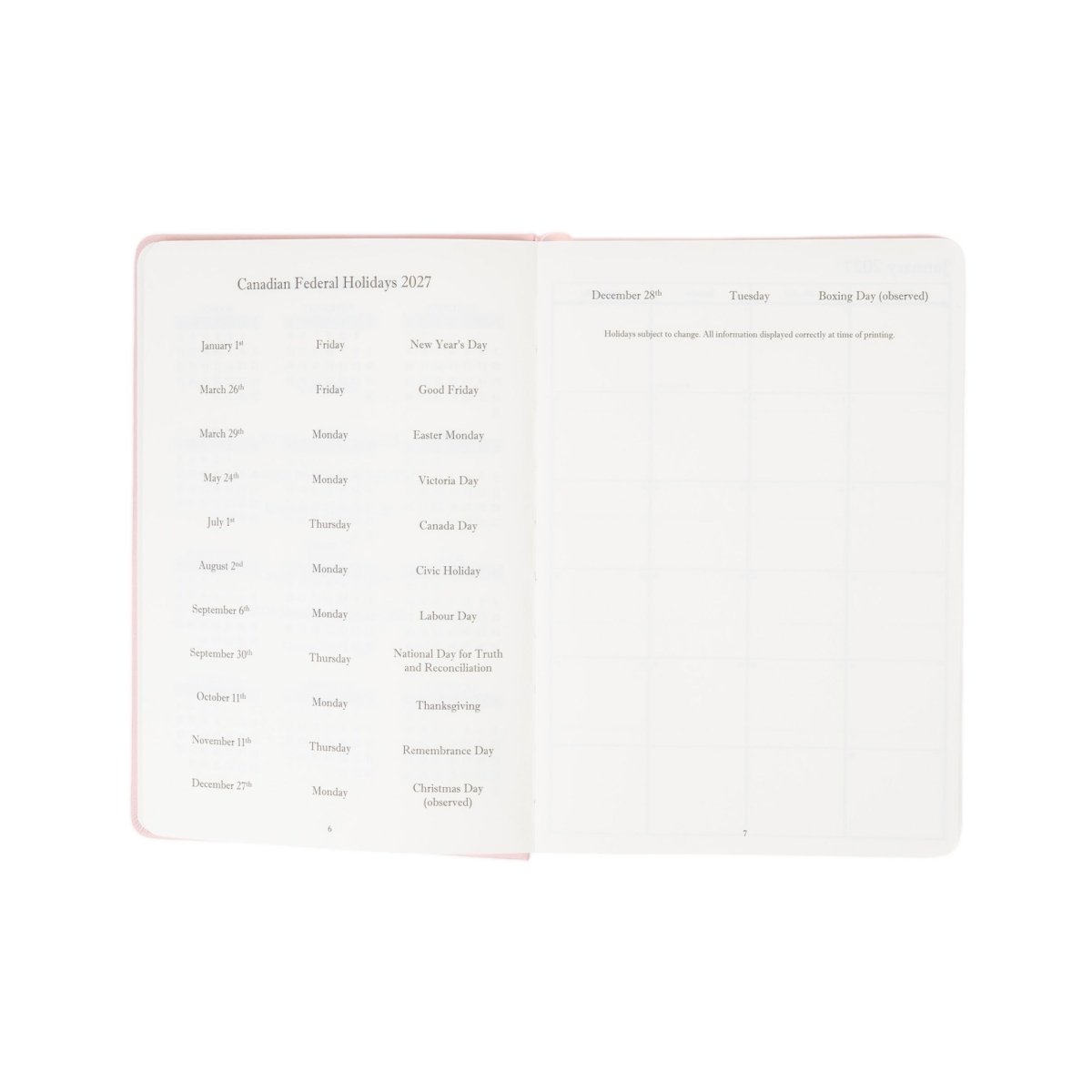 2027 Executive Journal inside pages showing Canadian Federal Holidays 2027 layout