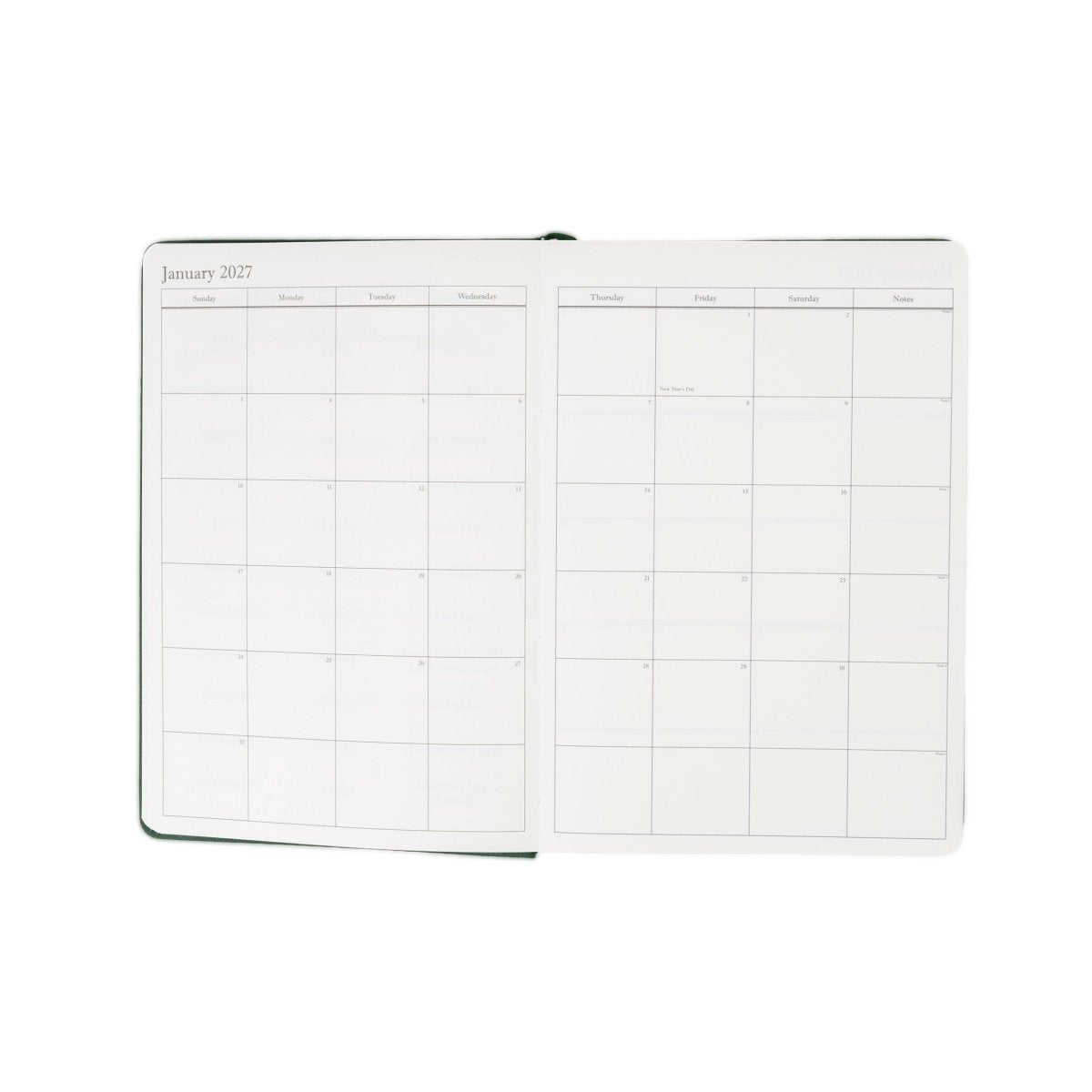 2027 monthly planner spread open showing grid calendars for January and months