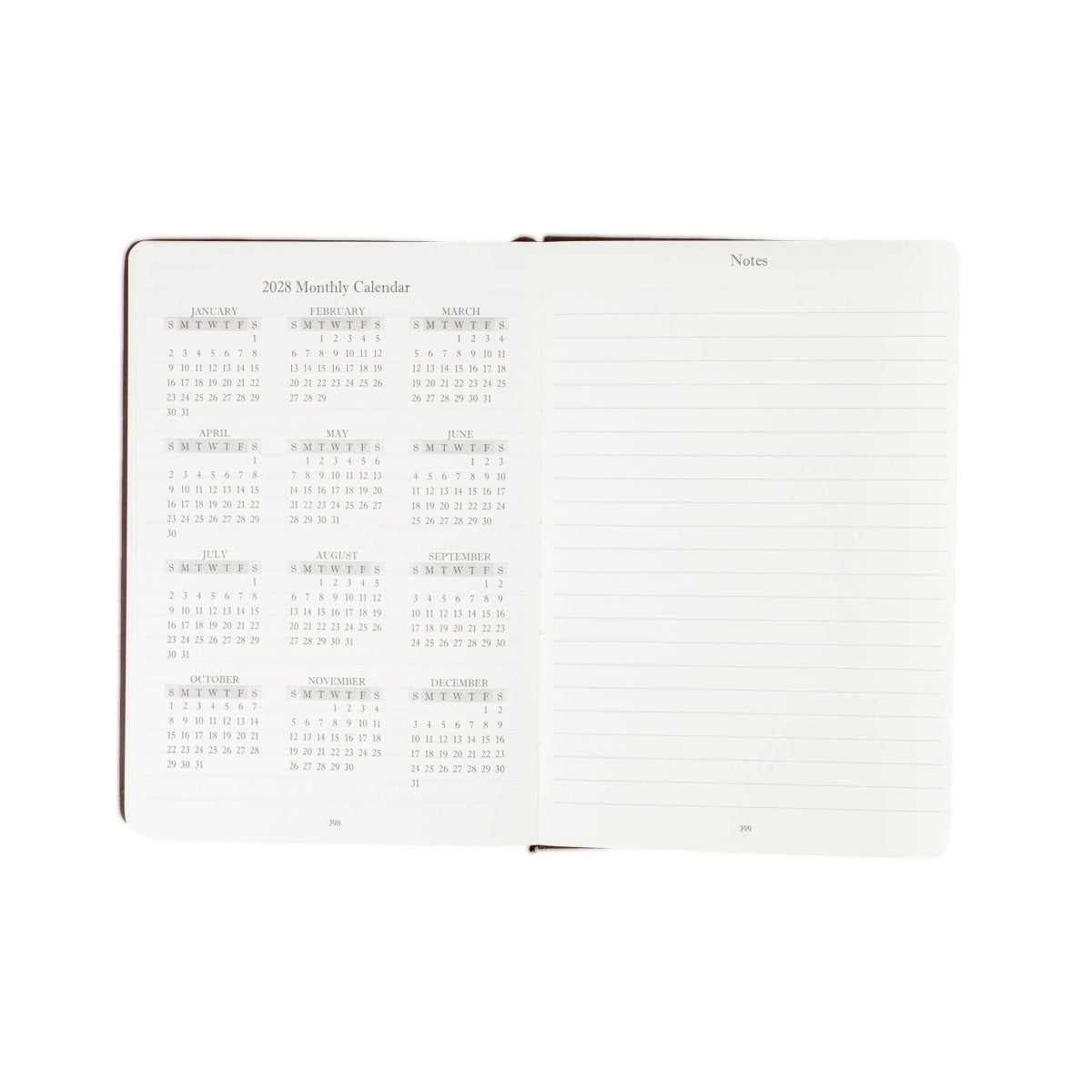Open 2027 calendar journal with monthly grid pages and lined notes