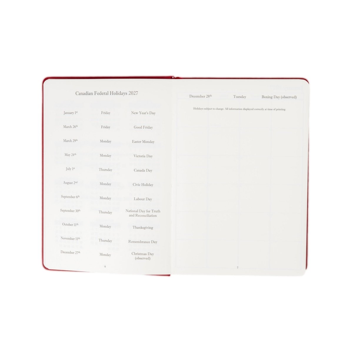 2027 Executive Journal spread with Canadian holiday calendar pages and red edge binding