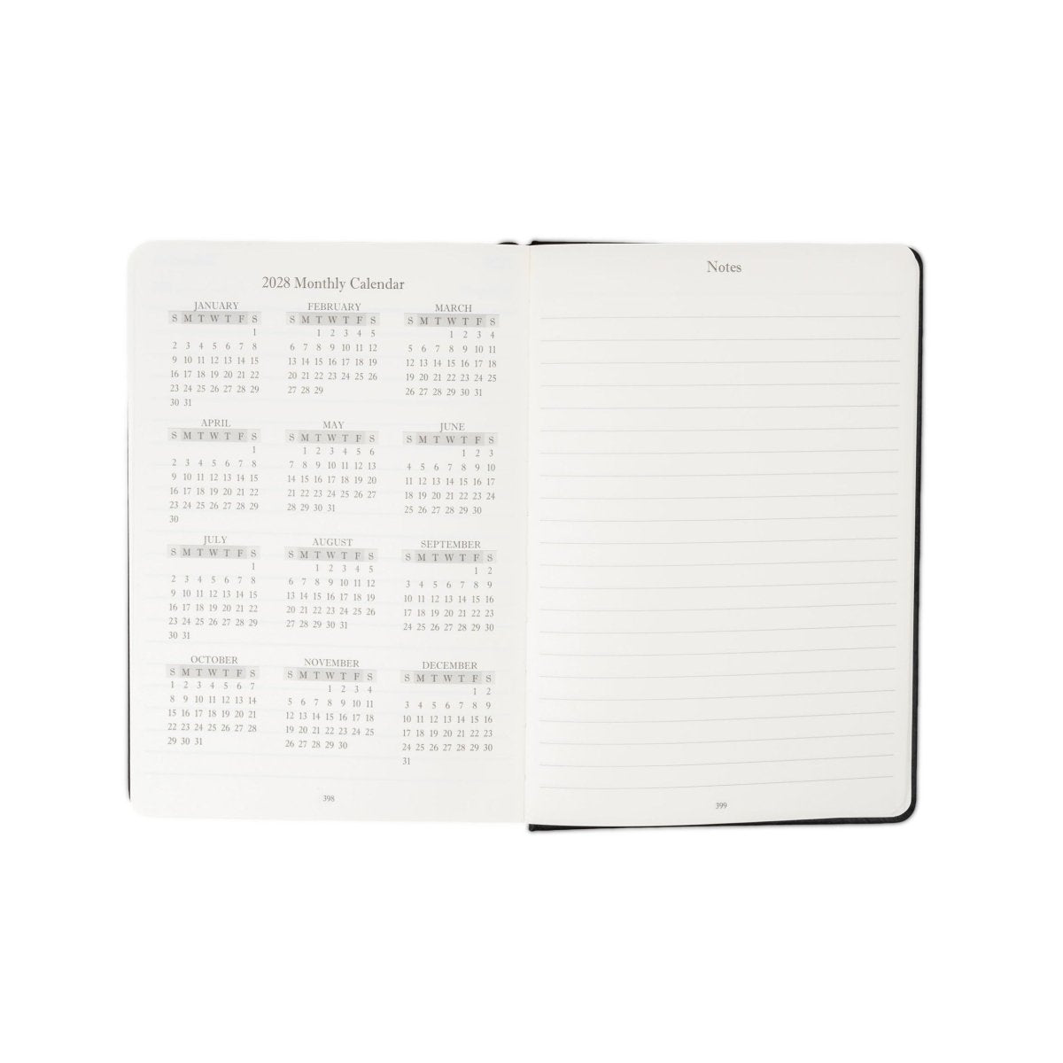 Executive journal open with 2027 monthly calendar on left and lined notes on right.