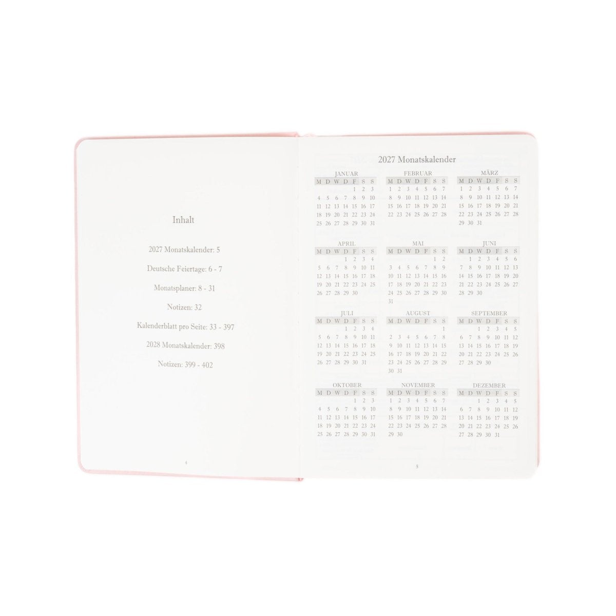 A5 executive journal open spread with contents list and monthly calendar, pink edge binding