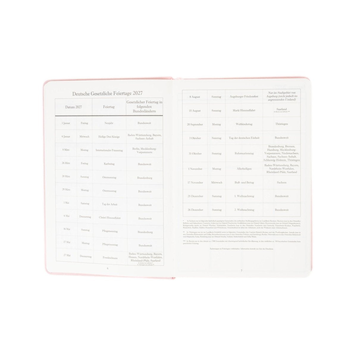 Open 2027 journal with German holiday checklist on left and notes table on right