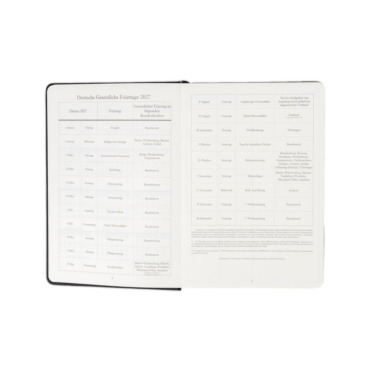 Open 2027 executive journal with German holiday calendar pages and notes layout
