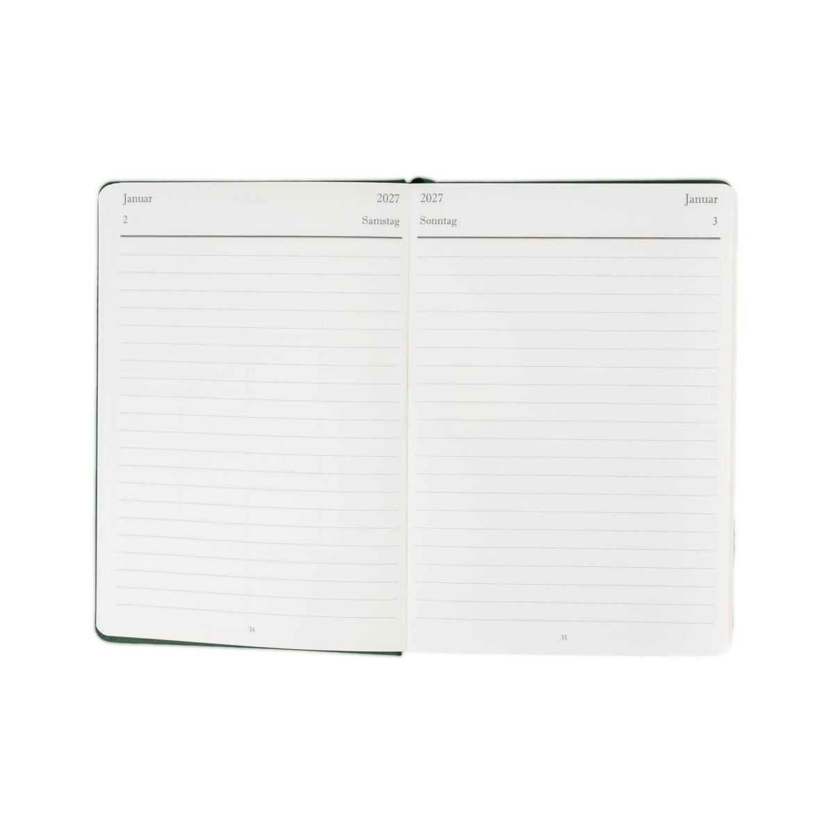 A5 executive journal open spread with lined pages, green edge binding and date headings