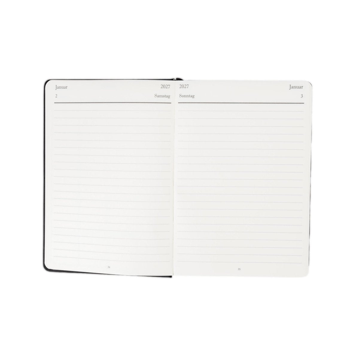 Executive journal planner open with weekly schedule layout, dark cover, 2027 pages.
