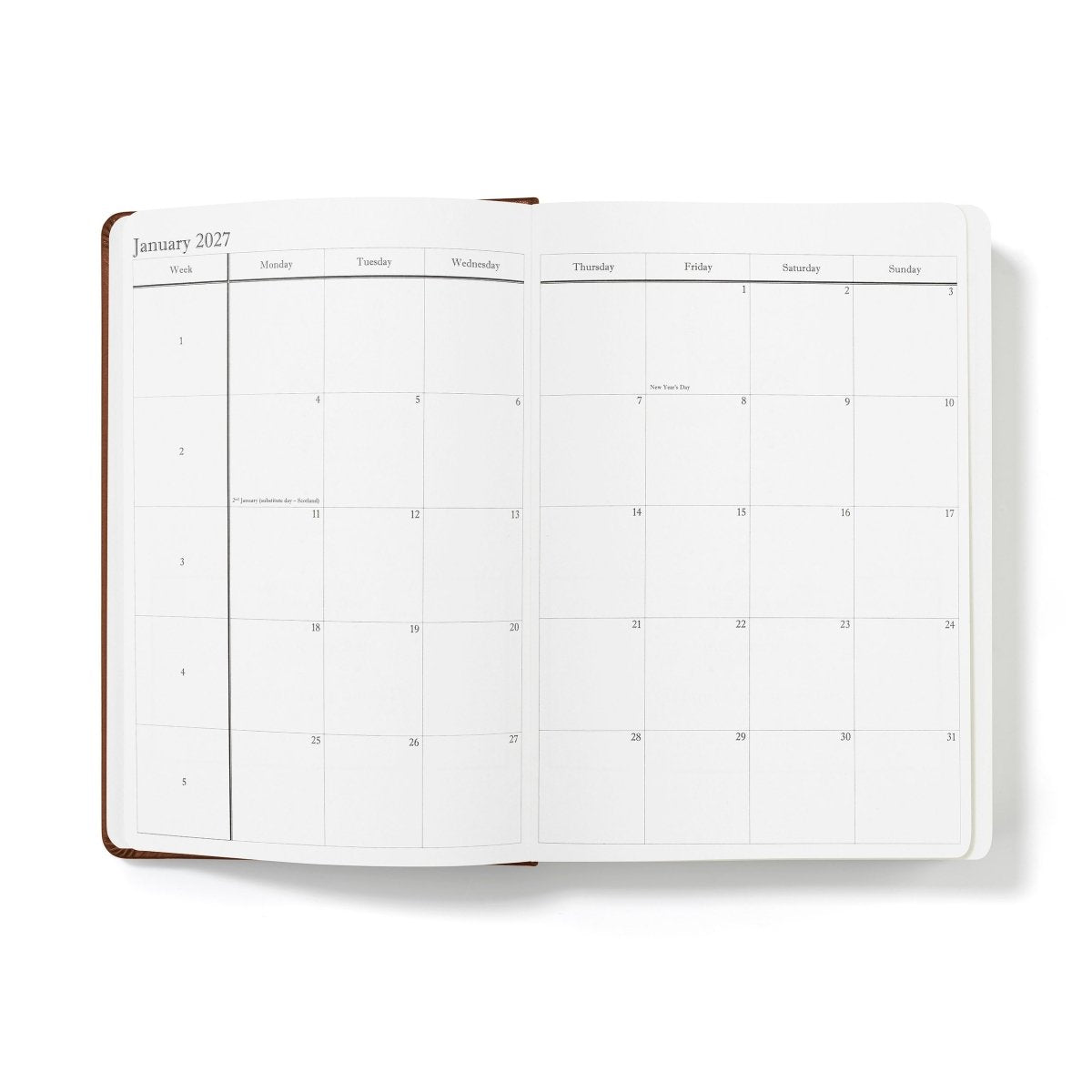 Open monthly planner spread with weekday grid for January 2027, white paper and dark border