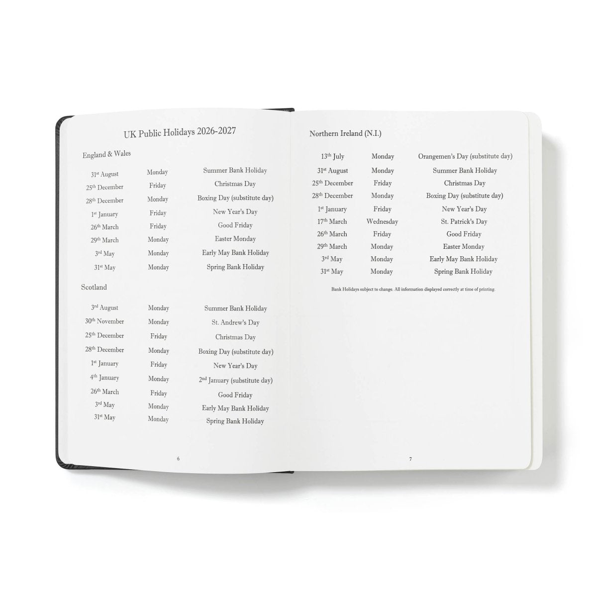Mid-year executive journal open to UK public holidays list pages