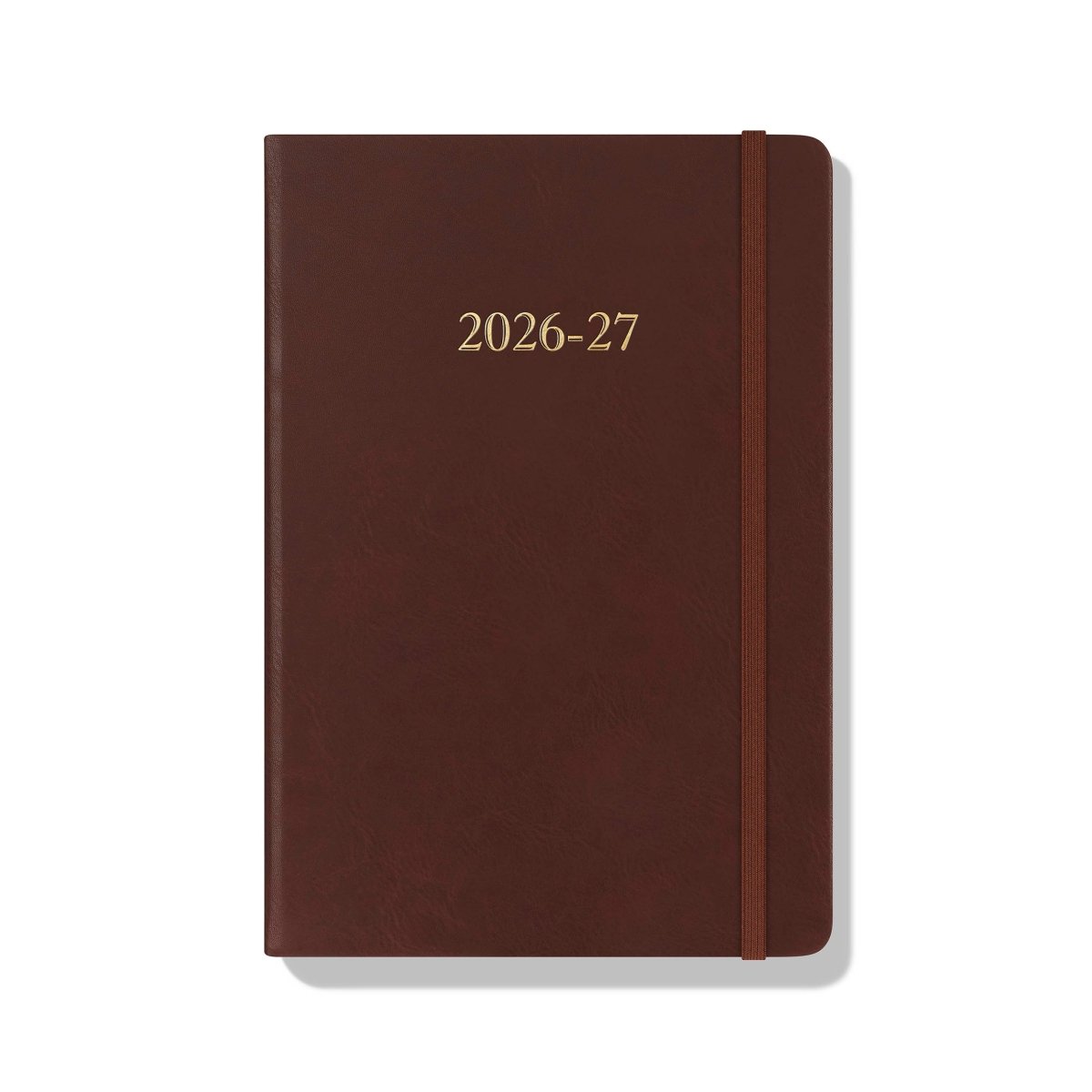 Chestnut brown journal cover with vertical spine and embossed "2026-27"