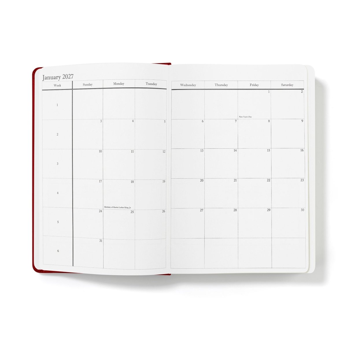 Open calendar journal spread for January 2027 with weekday grid lines