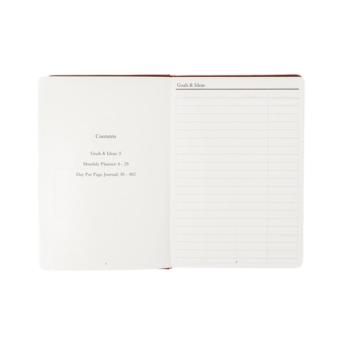 Undated executive journal open to contents and goals and ideas page with lines