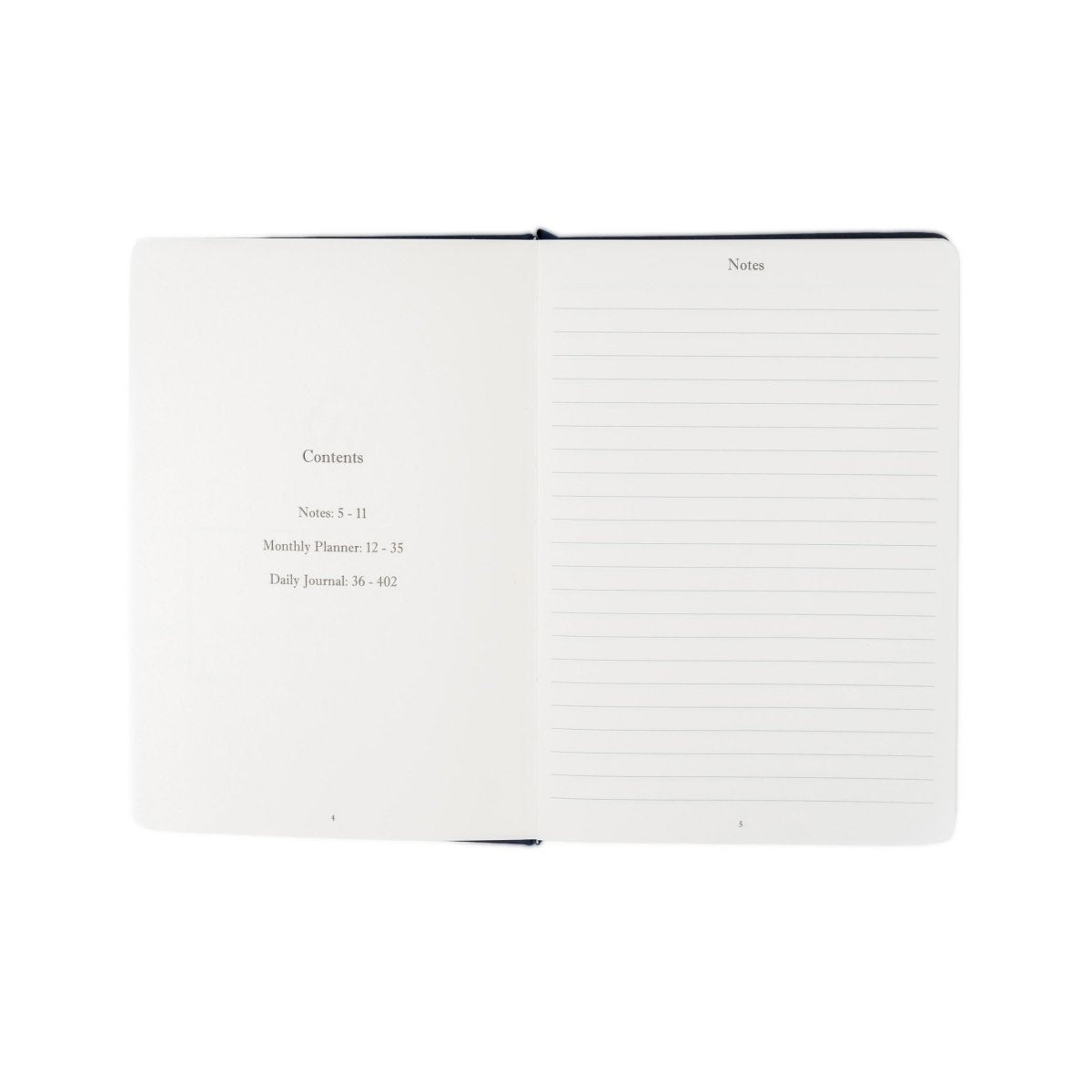 Undated executive journal open to contents and lined notes pages