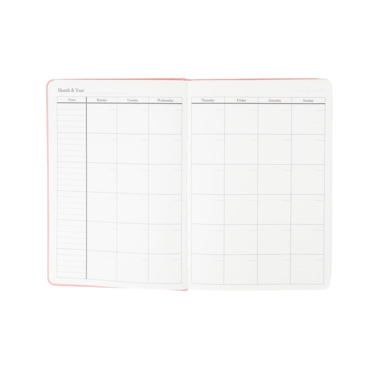 Undated executive journal open to month overview calendar grid with pink borders