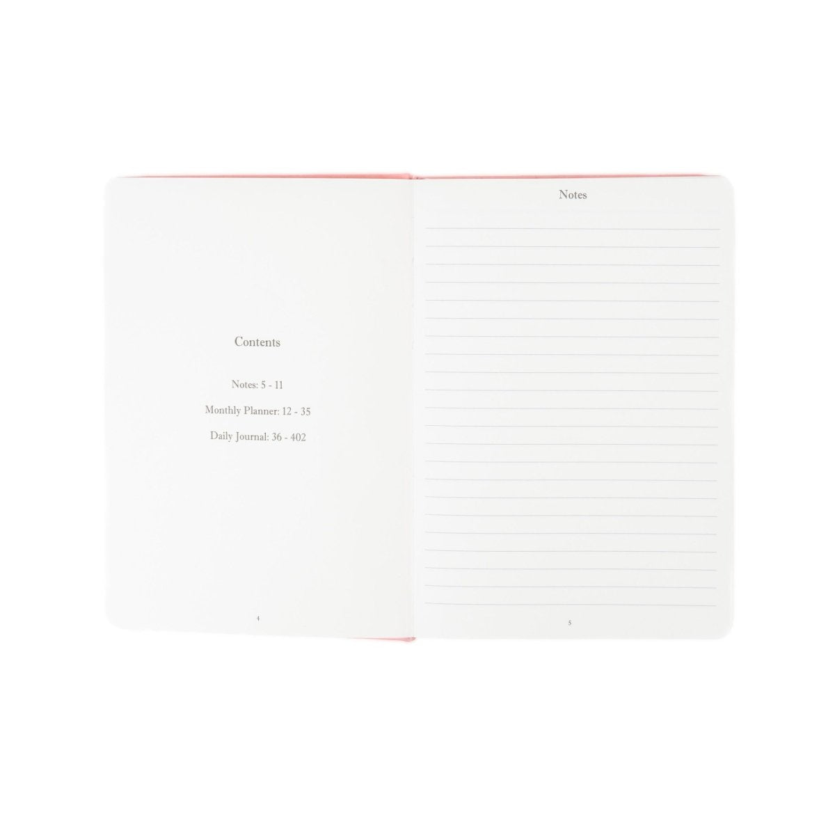 Undated executive journal opened flat, contents and lined notes pages with red edge